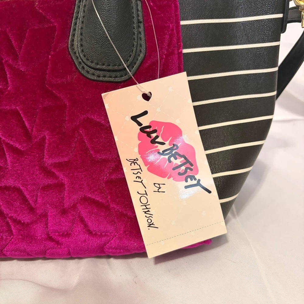 NWT Luv Betsey by Betsey Johnson Striped Star Velvet Purse with white fluff ball - Picture 6 of 13